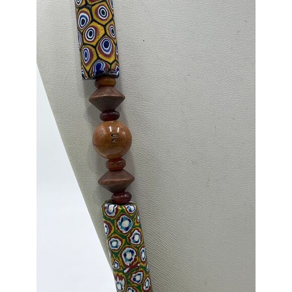 Sterling Silver Millefiori African Trade Bead Yellow Bakelite Amber Necklace - Picture 4 of 14